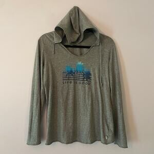 Life Is Good Women's size Medium Gray Palm Tree Lightweight Hoodie Shirt